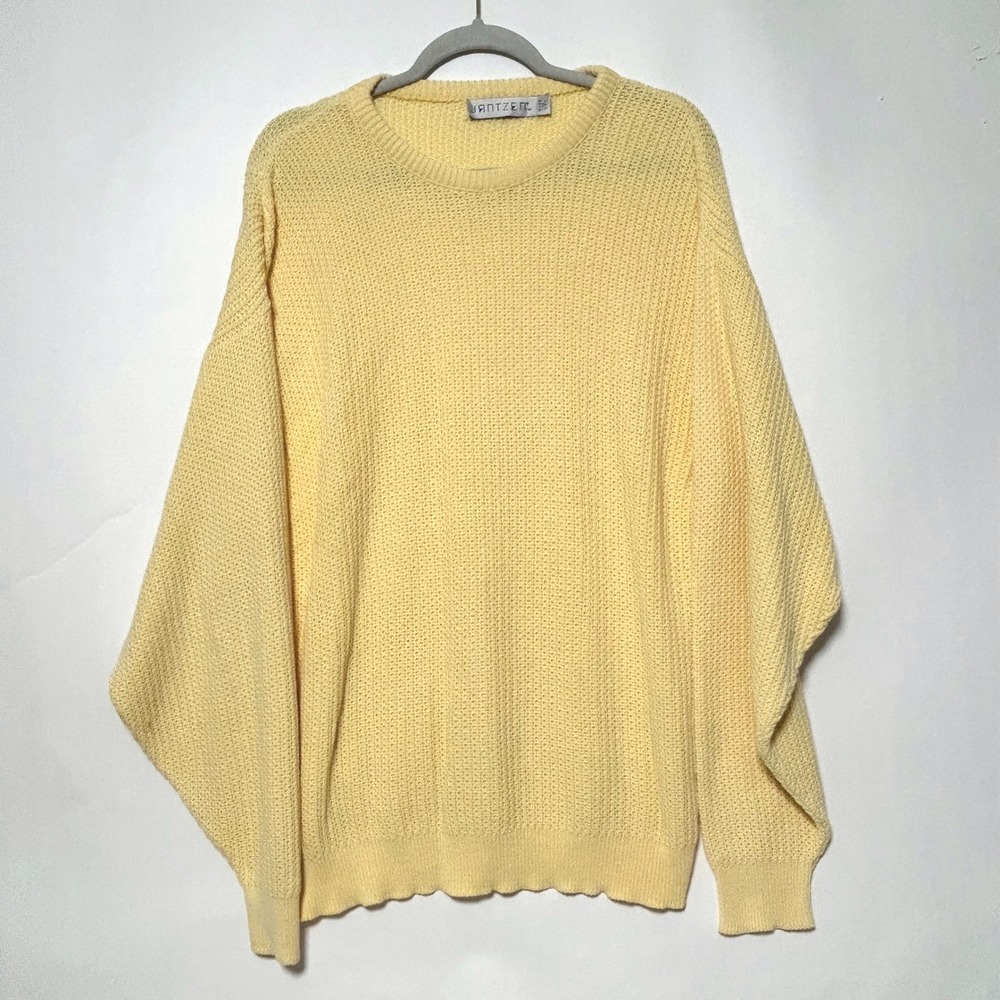 Jantzen Waffle Knit Sweater Mens M Butter Yellow‎ Vintage USA Made Cotton Easter